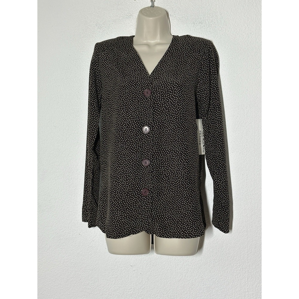 Vintage New Women Brown‎ Polka Dot Button-Up Blouse Long Sleeve Career Petite M